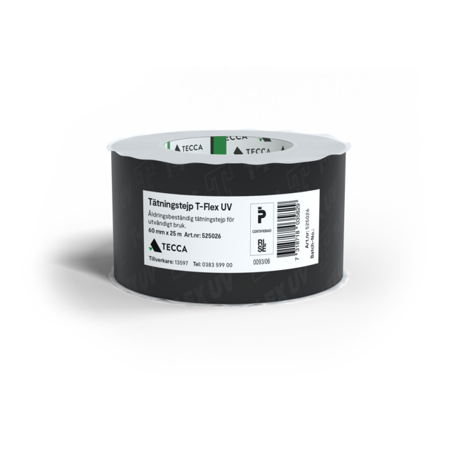 Svart rulle tätningstejp T-Flex UV, med etikett: Tätningstejp 60 mm x 25 m, Art.nr 582062, Tillverkare: Tecca.